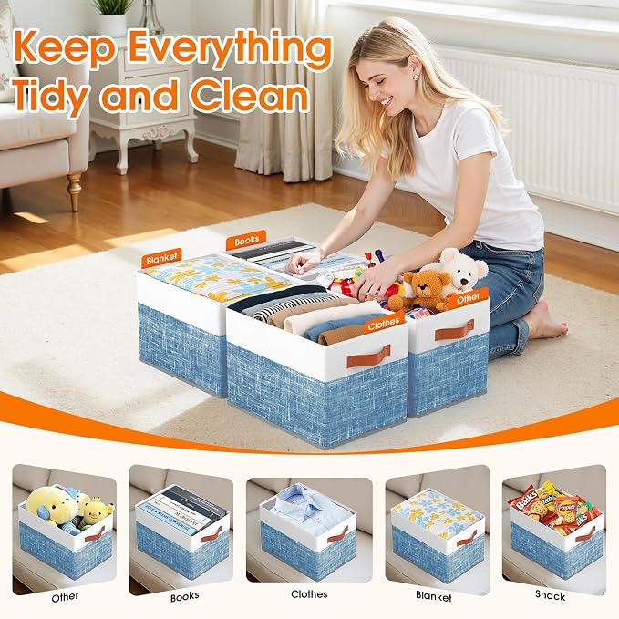 Collapsible Storage Baskets for Shelves,14"x10", 4 Pack Foldable Fabric Storage Bins with Double Leather Handles, Large Baskets for Organizing Books, Clothes, White & Blue - Image 4