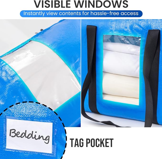 TAILI 2 Tier Moving Bags,4 Blue Silver Storage Bags with Visible Window | XXL Heavy Duty Totes For Home Storage,Wrap Around Handles,Storage Bags for College Dorm, Alternative to Moving Boxes - Image 7