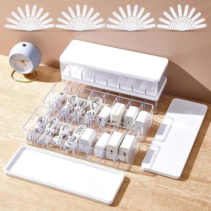 Tatuo 4 Pcs Cord Organizer for Drawer Desktop, Cable Organizer Box with 8 Compartments and Wire Ties, Plastic Charger Storage with Lid, Electronics Case for Home Office Accessories (Small,Clear,White) by Tatuo