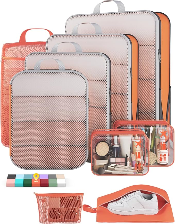 Veken 9/11 Set Compression Packing Cubes Garment Bags for Travel Essentials,Compressible Expandable Luggage Organizer Bags for Clothing,Space Saver Bags with Over 1000 pcs of Mesh Holes(Orange) by Veken