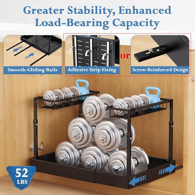 Aisslro Under Sink Organizer, 2 Tier Pull Out Cabinet Organizer, Expandable & Adjustable Slide Out Shelf 13.2''–20.3'', Under Sink Storage for Kitchen Bathroom Laundry Cabinet Storage, Black - Image 5