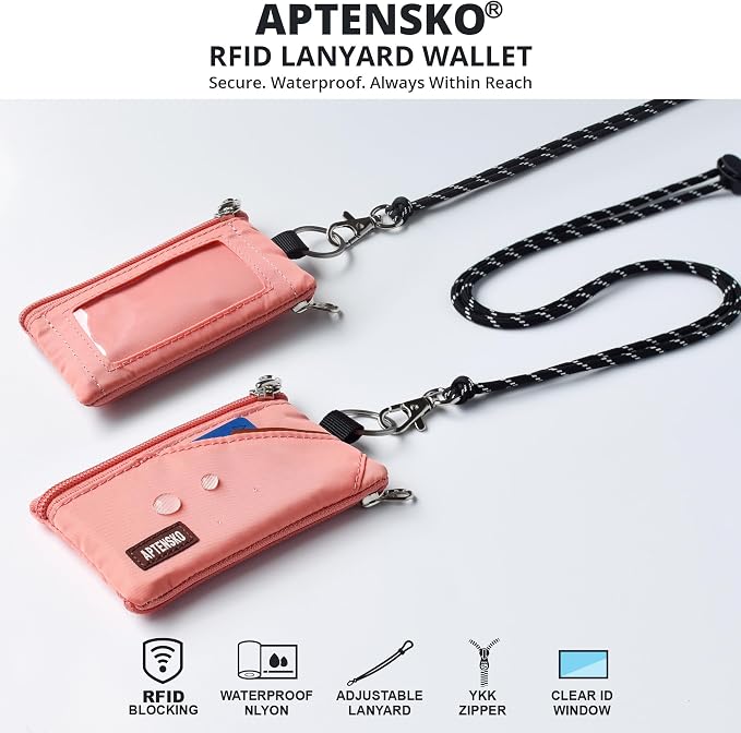 RFID Blocking Travel Wallet with Adjustable Lanyard, Small Nylon Zipper Pouch and Badge Holder for ID, Credit Cards, Cash, Keys, Commuters (Coral Blush) - Image 2