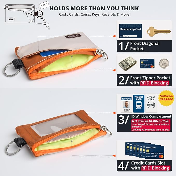 RFID Blocking Travel Wallet with Adjustable Lanyard, Small Nylon Zipper Pouch and Badge Holder for ID, Credit Cards, Cash, Keys, Commuters (Almond+Rust) - Image 6