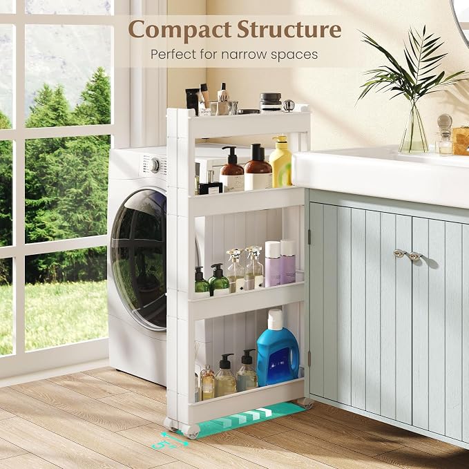 Giantex 4-Tier Slim Rolling Storage Cart, 5" W Narrow Slide Out Plastic Organizer Rack with Wheels, Mobile Utility Cart w/Shelving Unit for Kitchen, Bathroom, Office, Laundry Room - Image 6