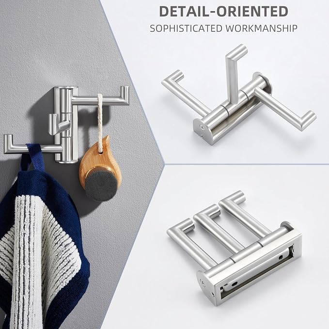 Angle Simple Swivel Towel Hook 3 Arms, Robe Coat Wall Hook, Brushed Nickel | Solid SUS304 Stainless Steel, Hand Towel Holder for Bathroom Shower Kitchen, Fold Flush to the Wall, Screws Mounted - Image 9