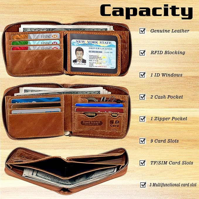 Admetus Mens RFID Blocking Wallets Zipper Leather Wallet for Men Bifold RFID Card Holder - Image 3