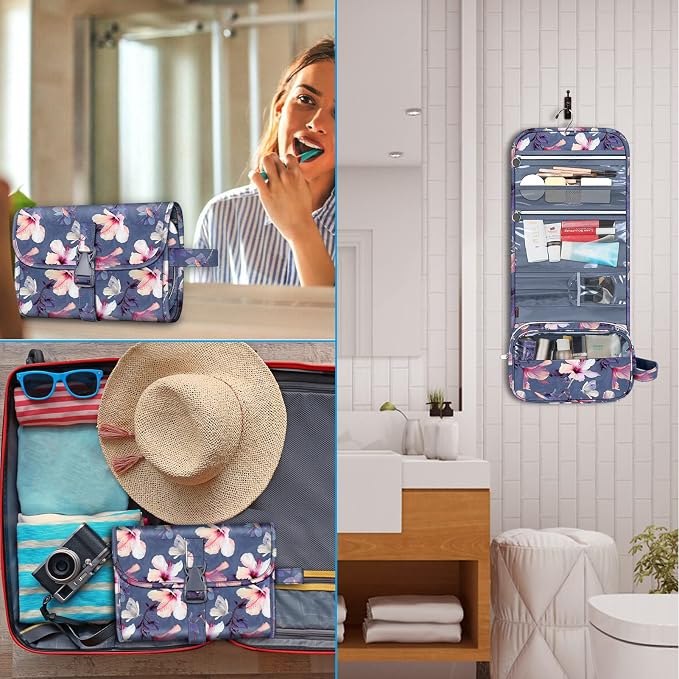FINTIE Portable Toiletry Cosmetic Travel Bag Hanging Makeup Organizer | Large Water Resistant Storage Pouch Case, For Women Girls, Blooming Hibiscus - Image 6