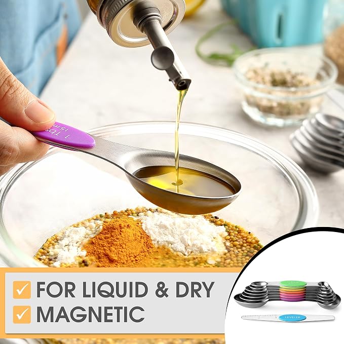 Spring Chef Stainless Steel Magnetic Measuring Spoons Set of 8, Neon | Dual Sided Metal Teaspoon & Tablespoon Measuring Spoons w/ Leveler for Dry & Liquid Ingredients, Fits in Kitchen Spice Jars - Image 4