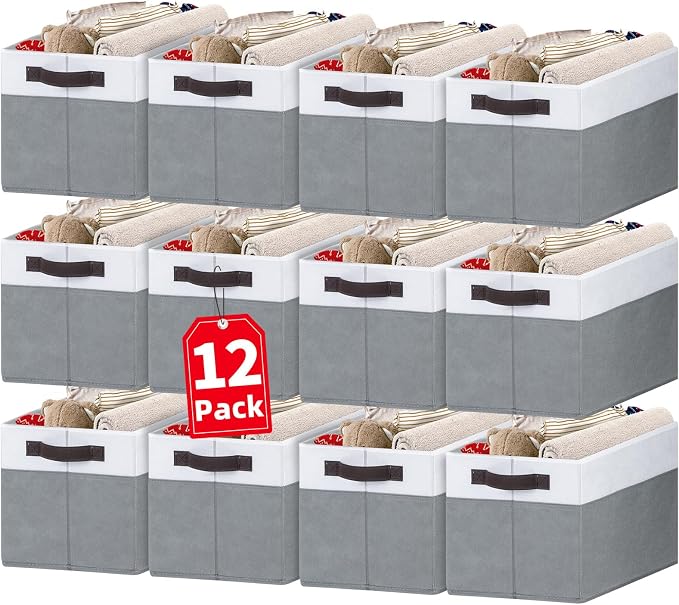 12 Pack Large Storage Baskets for Shelves | Fabric Closet Organizers and Storage Bins with Handles for Home Organization | Decorative Collapsible Basket for Organizing Clothes Toy Nursery by Criusia
