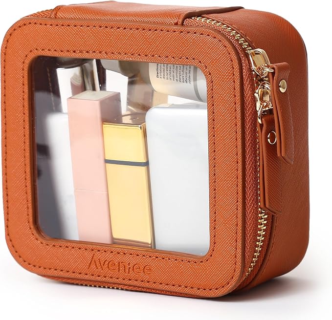Aveniee Mini Clear Makeup Bag, Small Cosmetic Bags Travel Toiletry Pouch Organizer, TSA Approved Make up Case with Zipper, Car Bag for Essentials,Brown by Aveniee