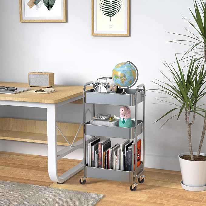 MAX Houser 3-Tier Rolling Utility Cart with Caster Wheels,Easy Assembly, for Kitchen, Bathroom (Silvery-Grey) (Pack of 3) - Image 4