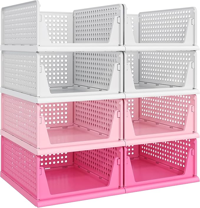 Pink Girl Closet Organizers and Storage Stackable Plastic Drawer Basket for Clothing Stackable Storage Bins Shelf Storage Container for RV Closet Wardrobe Bedroom Bathroom Playroom 8 Pack by Pinkpum