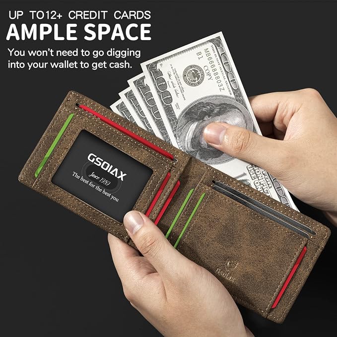 GSOIAX Slim Wallet for Men,RFID Blocking Bifold Wallet Carbon Fiber Front Pocket Wallet with 11 Card Holder Minimalist Mens Wallet with Gift Box (Leather Brown) - Image 4