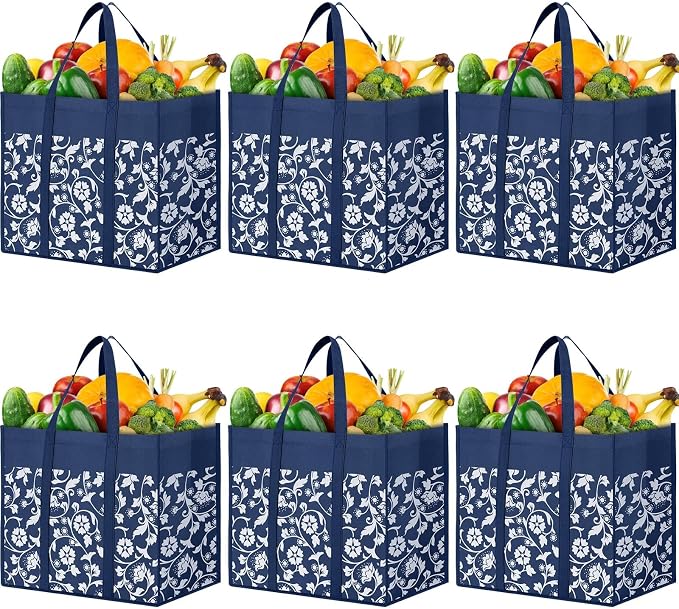 Reusable Grocery Bags Foldable Tote Bags bulk Shopping Bags 6-Pack, Blue | Reinforced Handles Shopping Bags for Groceries Heavy Duty Kitchen Reusable Grocery Bags with Waterproof Coating by WOWBOX