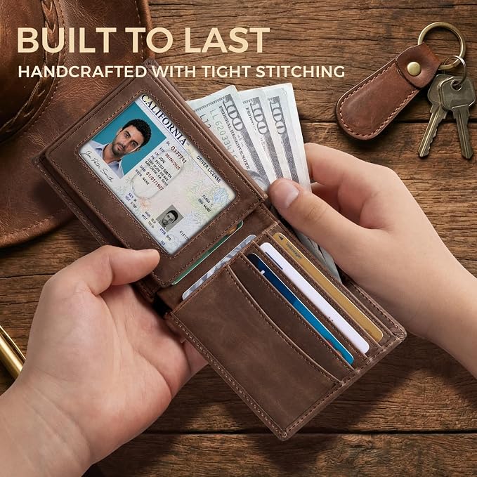 RUNBOX Men's Full Grain Leather Bifold Wallet - Crazy Horse RFID Blocking Slim Wallet with 2 ID Windows, 12 Card Slots & Dual Cash Pockets, Gift for Men - Image 3