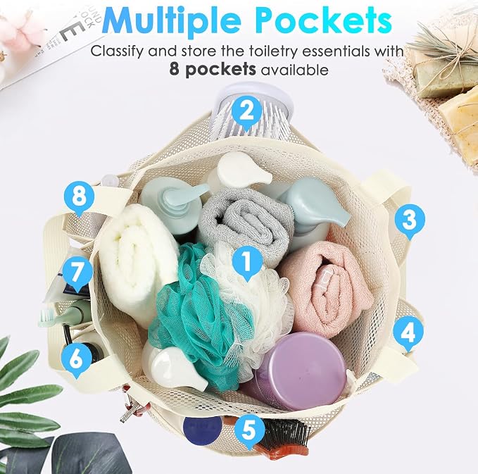 Fammart Mesh Shower Caddy Portable for College Dorm Room Essentials, Odorless Polyester Large Shower Tote Bag with Dual Handles, 8-Pocket Quick-Dry Toiletry Organizer for Travel, Beach, Camping, Gym - Image 4
