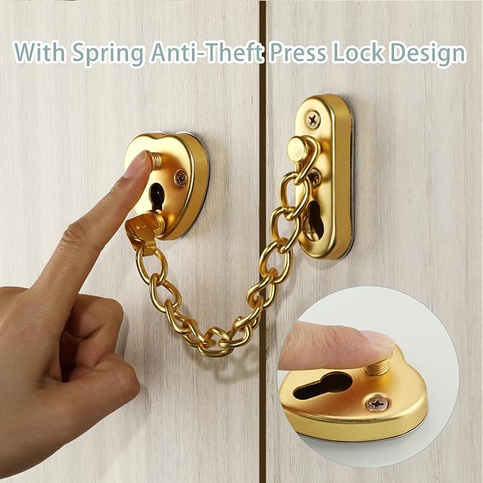 Alise Door Chain Lock, Gold Adjustable Child Proof Security Door Lock for Apartment | Stainless Steel Chain Door Lock,Heart-Shaped Design Press-To-Unlock, Heavy Duty Chain Lock For Bedroom & Travel - Image 5