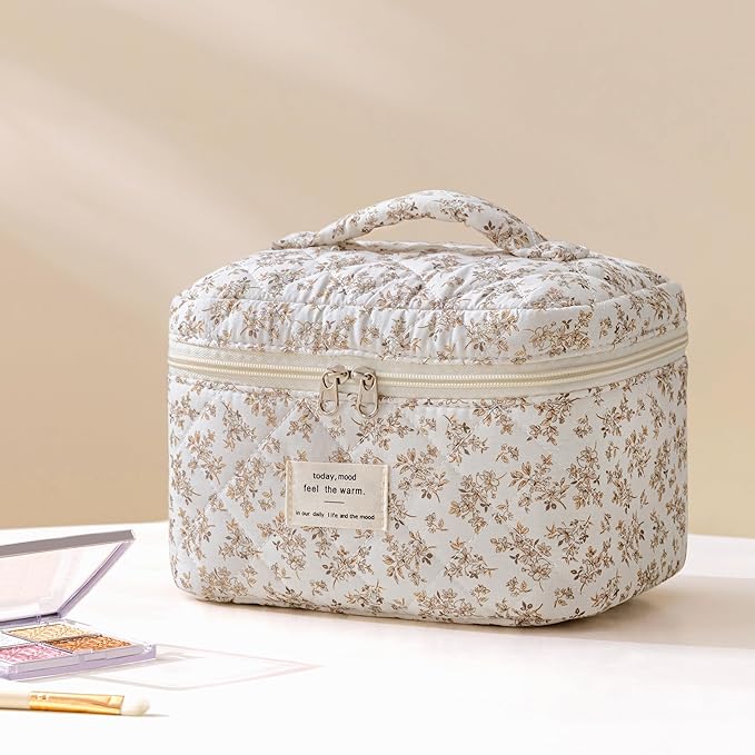 HBselect Quilted Makeup Bag, 3Pcs Cotton Large Travel Makeup Bags Organizer | Cute Floral Make up Bag Cosmetic Bag Toiletry Bag for Women Girls, Makeup Pouch for Skincare, Brushes & Travel Essentials - Image 5