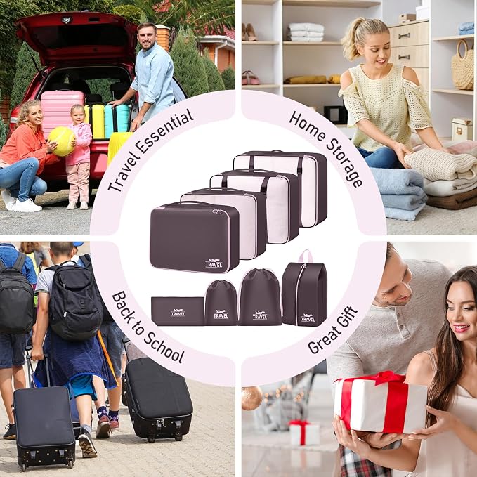 Packing Cubes for Travel - 8 Set Luggage Organizer Bags for Family, Mesh Breathable Packing Cubes for Suitcases Durable Travel Essentials Bags Set (Upgrade-Brown) - Image 7