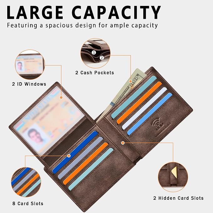 Travelambo Genuine Leather Wallet for Men with Gift Box - Handmade Bifold Stylish - Mens Wallets Rfid Blocking with 2 ID Windows - Image 5