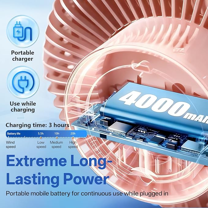 Portable Clip on Fan Rechargeable Mini for Desk Golf Camping Pink | 4000mAh 20H Battery, Quiet Brushless Motor 4.5m/s, One-Click Shutdown, 3 Speeds, Detachable Cover, Type-C Charge, 360° Rotate - Image 6