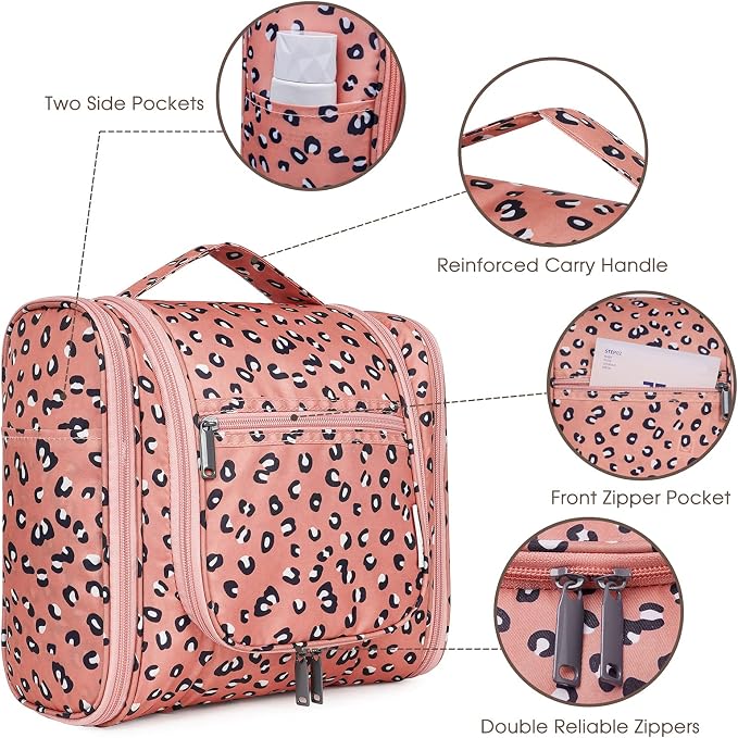 Narwey Hanging Cheetah Toiletry Bag for Women Travel Makeup Bag Organizer Toiletries Bag for Cosmetics Essentials Accessories (Large, Orange Leopard) - Image 4