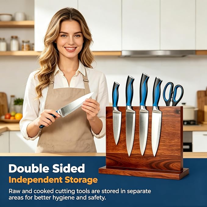 Magnetic Knife Blockr- Acacia Wood Strong Magnetic Knife Holder, Secure Knife Storage Organizer | Chef Tools & Space Saving for Kitchen Knives (brown) - Image 3
