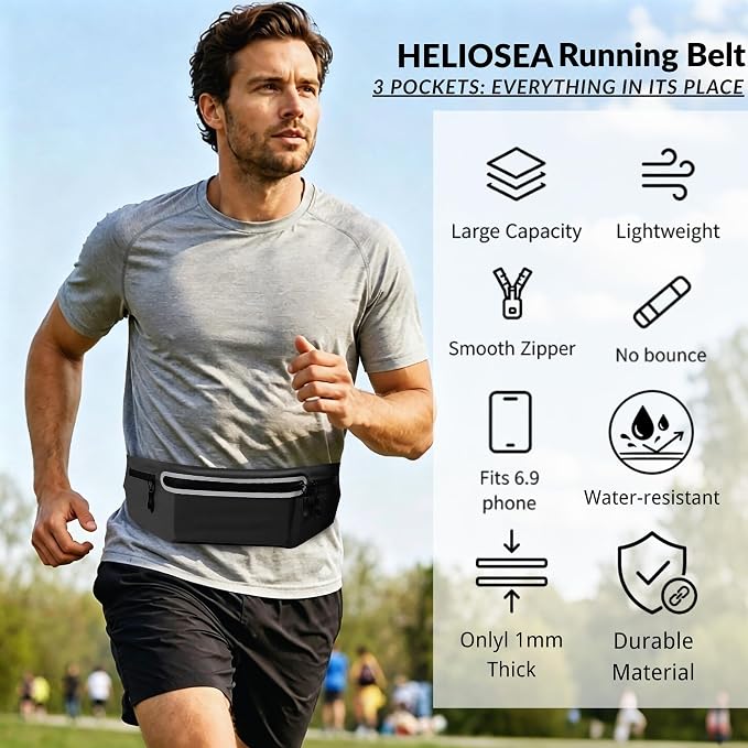 Running Belt for Men Women, Ultra-thin Run Belt with Pockets Secure Adjustable Fanny Pack Marathon Jogging Runners Belt for Phone, Keys & Essentials - Fits 6.9'' Phones (Black, Large) - Image 3