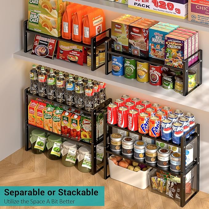 2 Pack Expandable Cabinet Organizer Shelves, 88lbs High Weight Capacity, Stackable Heavy-Duty Metal Storage Rack, Adjustable Cabinet Shelf for Kitchen, Pantry, Cupboard, Under Sink, Black - Image 4