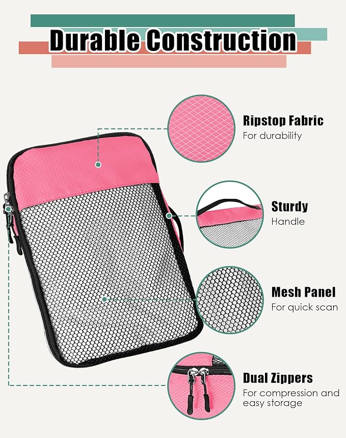 WTREE 4-Piece Packing Cubes Travel Accessories Set for Suitcases - Luggage Organizer Bags with Double Zipper - Mesh Top - Medium - Pink - Image 6