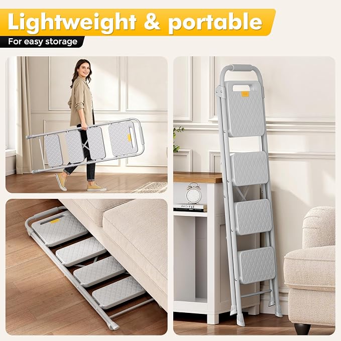 KINGRACK 4 Step Ladder, Folding Step Stool with Safety Lock & Sturdy Anti-Slip Pedals, Pass 800lbs Load Testing, Lightweight, Portable Steel Ladder with Handrails for Home, Kitchen, Garage, Office - Image 5