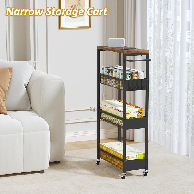 Vincona 7.1" Wide Slim Rolling Utility Cart, 4 Tier Metal Narrow Storage Cart with Handle and Wood Top, Multifunctional Small Mobile Shelf Unit Organizer Trolley for Laundry, Bathroom, Kitchen - Image 6