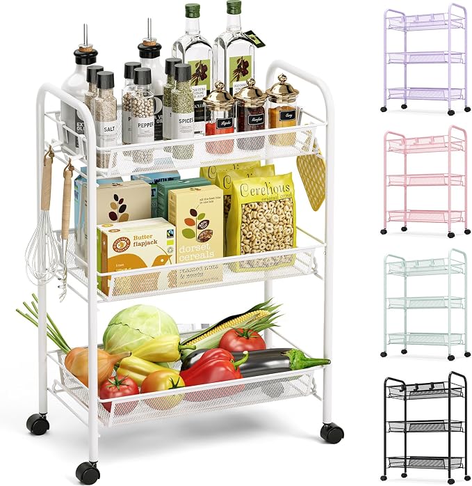 TOOLF 3 Tier Rolling Cart, Metal Utility Storage Cart with Wheels, White | 3 Hooks, Screwless Assembly, Trolley Organizer for Bathroom, Kitchen, Office, Nursery, Dorm, Laundry Room by TOOLF