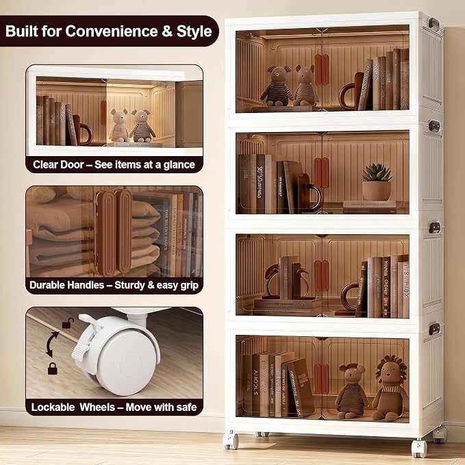 220QT Stackable Storage Bins With Lids, Collapsible Plastic Storage Bins with Wheels and Doors, Foldable Plastic Cabinets for Bedroom Dorm Garage - Image 7