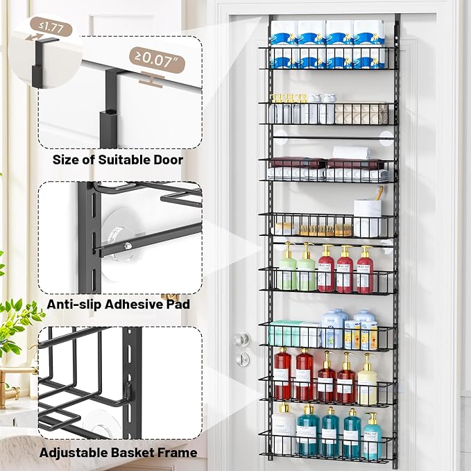 ElegantArray 8-Tier Pantry Door Organizer, Black | Over The Door, Hanging Spice Rack Shelves, Home Office Laundry Room Bathroom & Kitchen, Storage Rack - Image 5