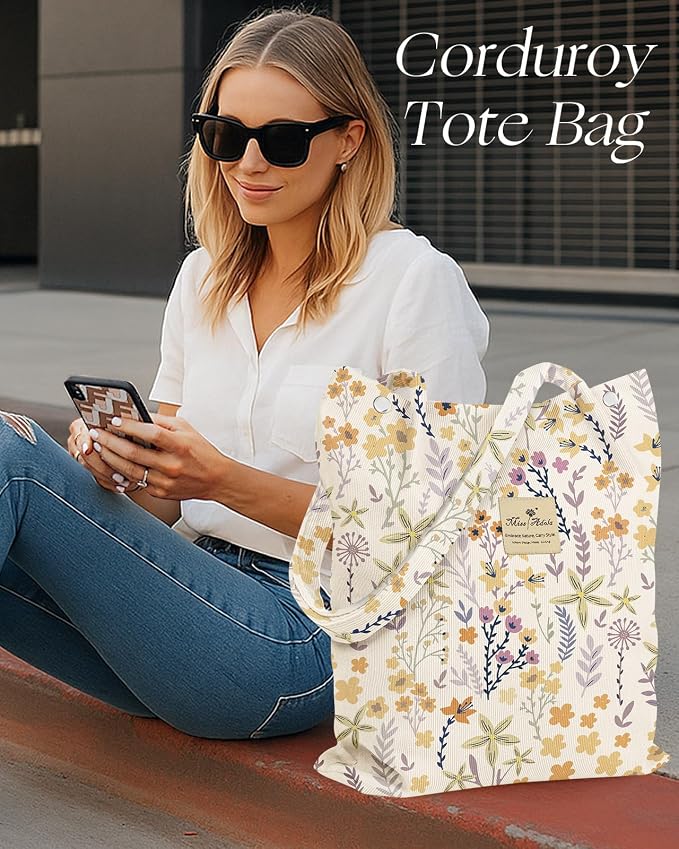 Miss Adola Corduroy Tote Bag for Women with Aesthetic Design | Magnetic Buckle & Pocket, Reusable, Soft, Roomy, Long Shoulder Handles, Double-sided Print, Casual Daily Work, Grocery Bags - Image 6