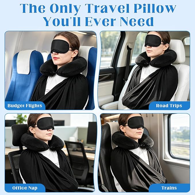 3 Pcs Airplane Sleep Support Set Includes Arm Travel Sling Wrap Blanket, Memory Foam Neck Pillow and Light-Blocking Eye Mask, Flight Sleeping Essentials Comfort for Long-Distance Travel - Image 5