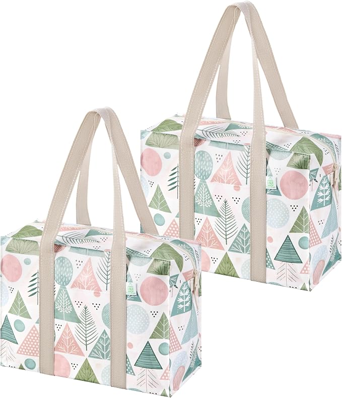 VENO 2 Pack Utility Tote Reusable Grocery Bags with Zipper & Hard Bottom | Heavy Duty Foldable Water-Resistant Shopping Bags for Summer Beach, Pool, Picnic & Travel Carry-on (Pastel Forest, 2 Pack) by Veno
