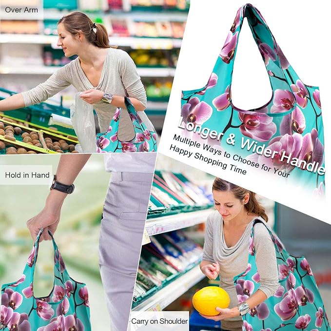 BeeGreen 10 Pack Washable Floral Grocery Bags for Shopping Reusable Tote Bags Extra Large 50LBS Cute Flower Design Foldable Reusable Bags for Women Men Lightweight Durable - Image 2