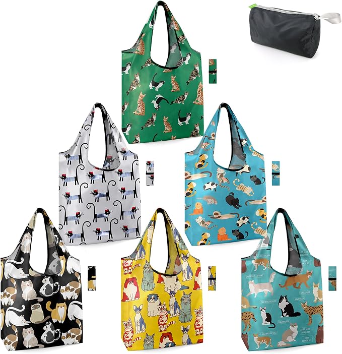 BeeGreen Gifts for Cat Lovers 6 Pack Cats Reusable Grocery Bags with Elastic Band Reusable Shopping Bags Bulk 50LBS X-Large Foldable-Machine Washable-Heavy Duty Kitten Bags by BeeGreen