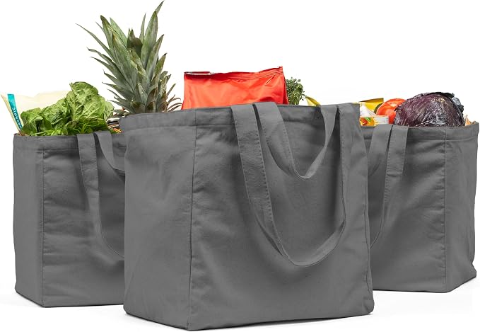 VeraMia Canvas Grocery Bag 3pc XL Set with Real Pockets, Long Shoulder Strap and Short Handle. Heavy Duty, Foldable, Washable by VeraMia