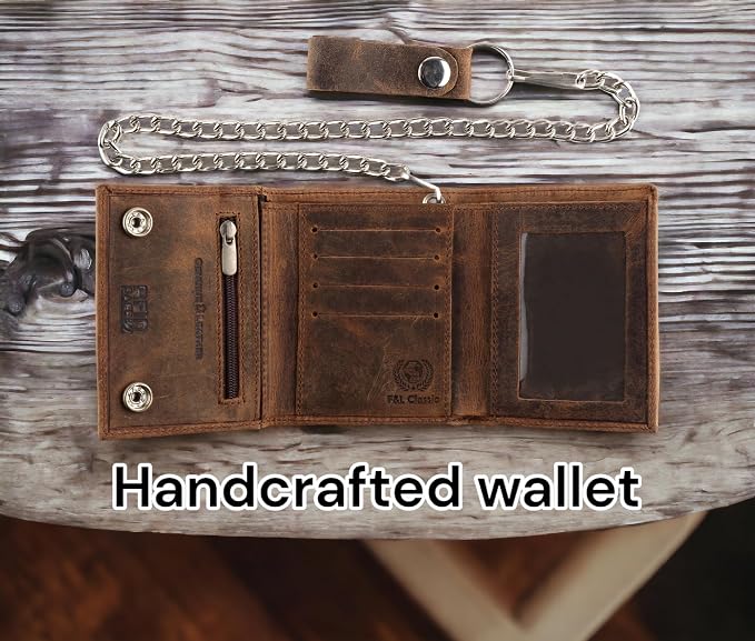 F&L CLASSIC RFID Blocking Men's Tri-fold Vintage Biker Cowhide Leather Steel Chain Wallet,Snap closure, USA,Vintage buffalo brown,315 - Image 3