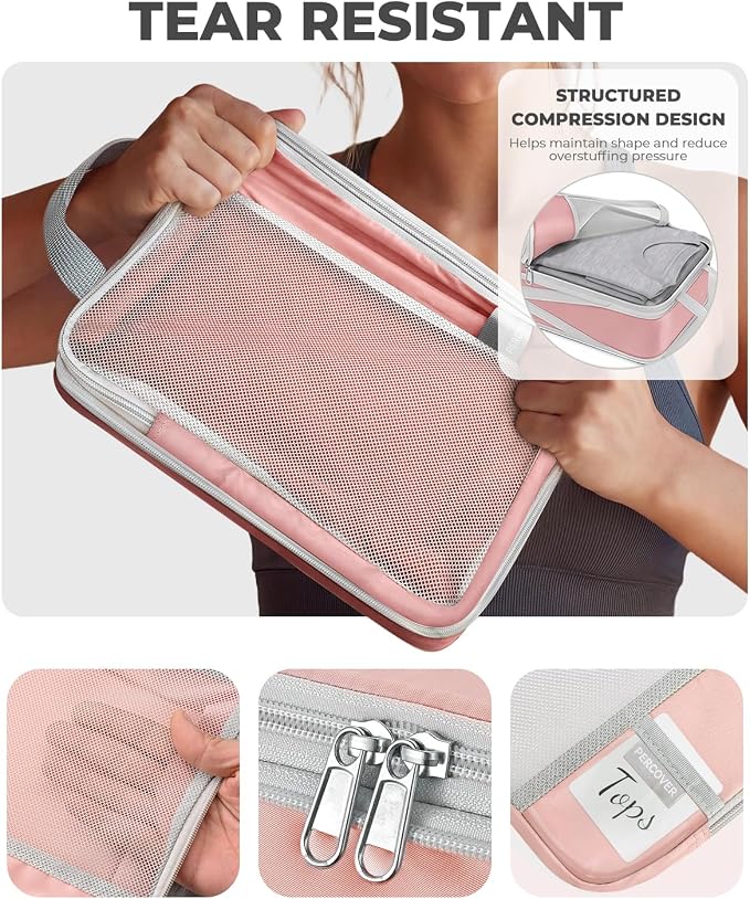 Percover Compression Packing Cubes for Travel, 10-Piece Structured Compression Organizer Set with Toiletry Bag, Laundry Bag & Shoe Bag for Carry-On & Checked Luggage, Pink - Image 4