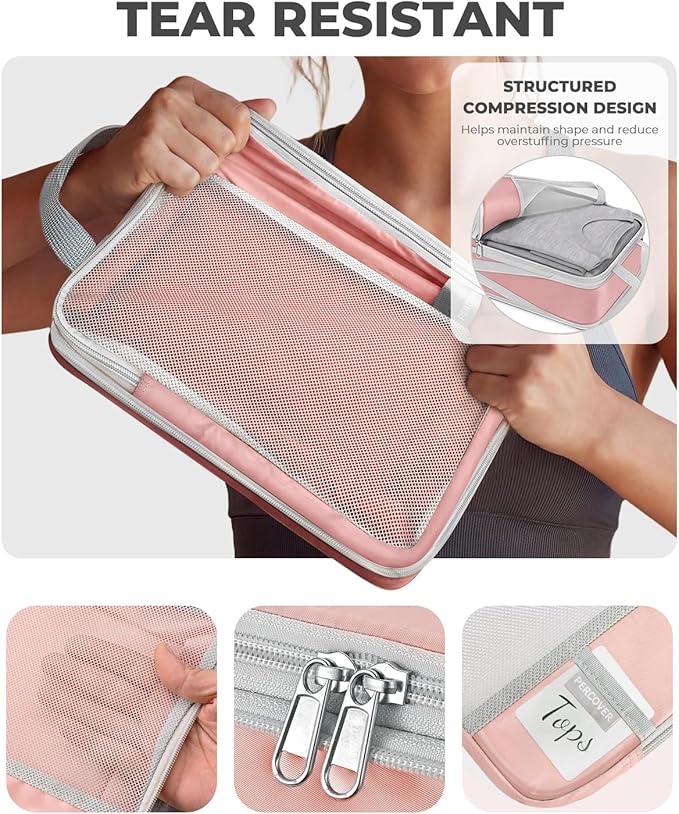 Percover Compression Packing Cubes for Travel, 6-Piece Structured Compression Organizer Set for Organized Packing & Carry-On Luggage, Pink - Image 4