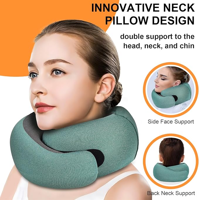 Travel Pillow - Hooded Neck Pillow Airplane Memory Foam Filling | for Plane, Office, Cars Sleeping, Road Trip, Long Flights Essentials, Includes Eye Mask & Earplugs (Green) - Image 2