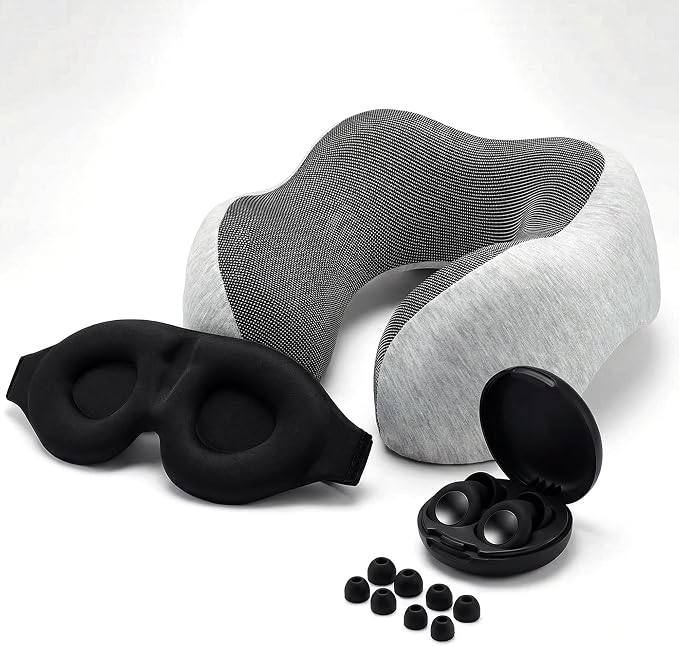 Memory Foam Travel Neck Pillow for Airplane, Adjustable Neck Pillow for Traveling with Removable Washable Cover, Ergonomic Head & Chin Support, Includes Sleep Mask, Earplugs & Travel Bag by PrexifyInnovation