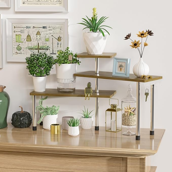 ZHWS Kitchen Corner Shelf Countertop Organizer - 3 Tier Bamboo & Metal Kitchen Organization Plant Stand Living Room Office, Spice Rack On Counter Shelves, Antique - Image 4