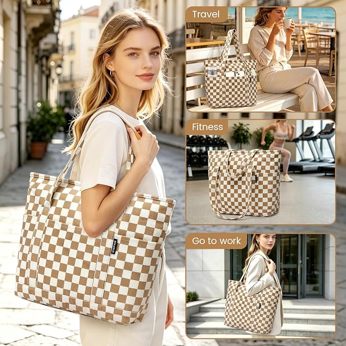 Large Canvas Tote Bag for Women, Beach Bag with Zipper, Utility Tote Bag with 3 Front Pockets, Weekender Pool Bag - Image 6