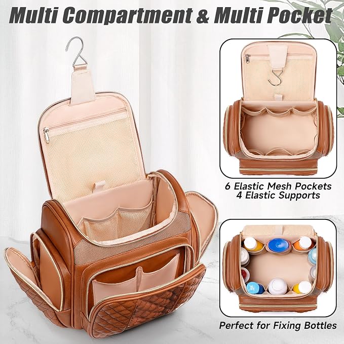 Large Leather Toiletry Bag for Women Men,Bathroom Bag,Water Resistant Shower Bag,Makeup Bag,Portable Shower Caddy for College Dorm,Hanging Travel Toiletry Bag with Transparent Waterproof Phone Pocket - Image 5