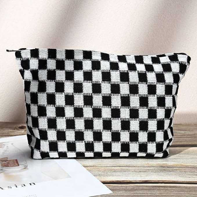 SOIDRAM 2 Pieces Black Makeup Bag Large Checkered Cosmetic Bag Capacity Canvas Mix Travel Toiletry Bag Organizer Cute Makeup Brushes Aesthetic Accessories Storage Bag for Women, Checkered Mix Black - Image 6